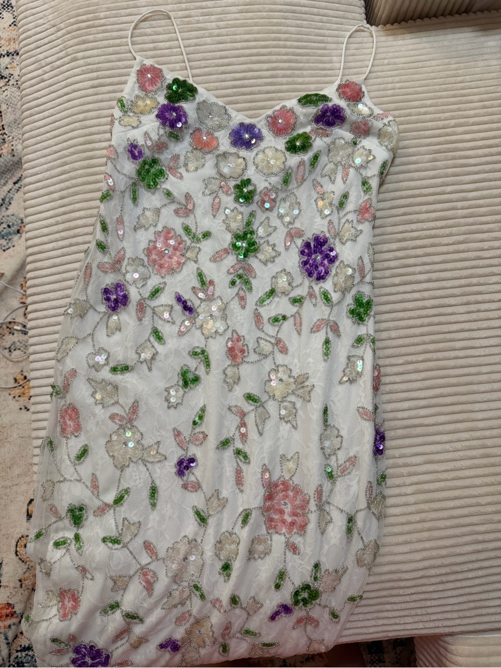 Mac Duggal White Floral Beaded Spaghetti Strap Dress